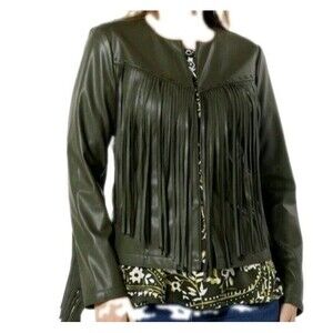 Colleen Lopez Olive Green Faux Leather Fringe Western Jacket Womens XS GUC